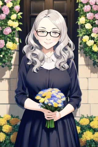 cheveux ondulés, lunettes, fleur, femme âgée, robe